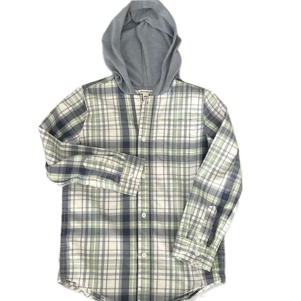 Lucky Brand Large (10-12) Plaid Hooded Shirt — Gray, Navy & Olive